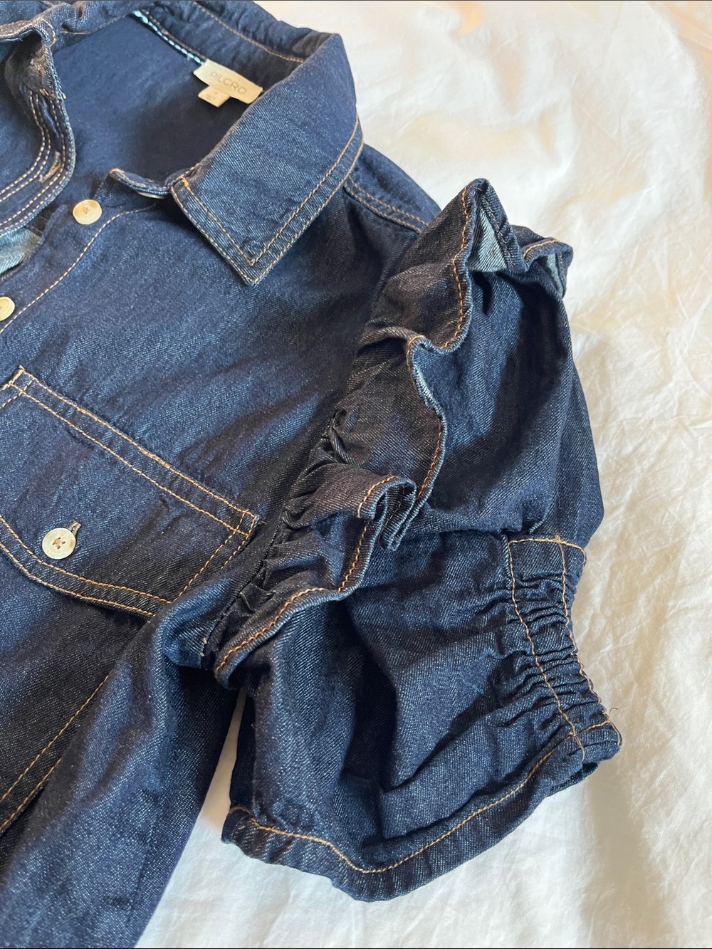 Ozzi Ruffle-Sleeve Buttondown Shirt by Pilcro Anthropologie denim puff sleeve - Picture 2 of 9
